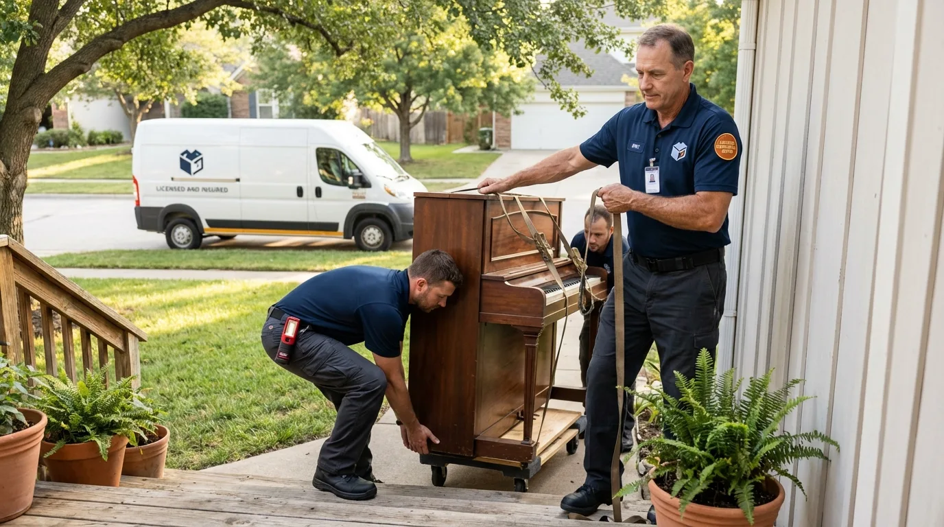 Licensed piano movers securing grand piano in Bartlesville, OK
