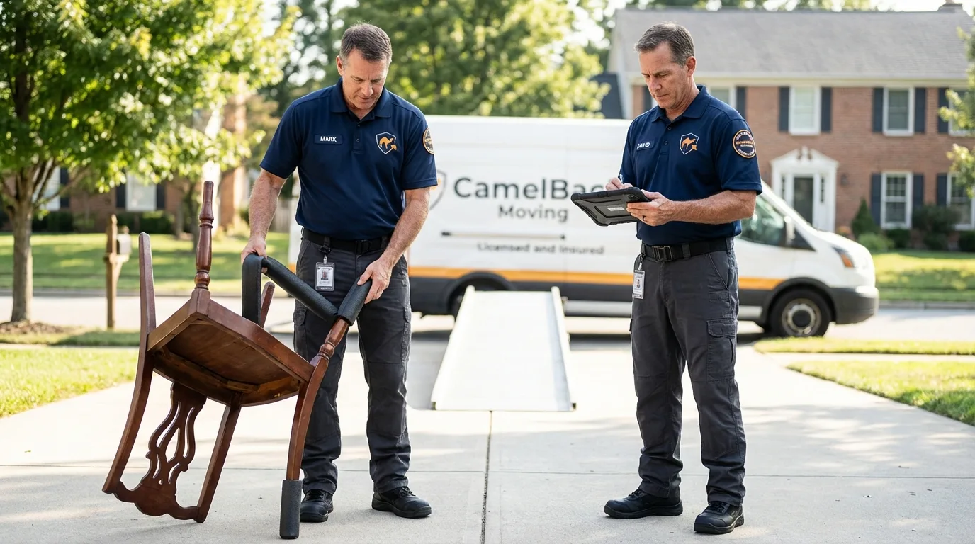Movers inspecting furniture for damage prevention before loading in Bartlesville, OK