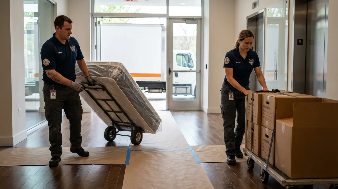 Professional apartment movers loading elevator in Bartlesville, OK